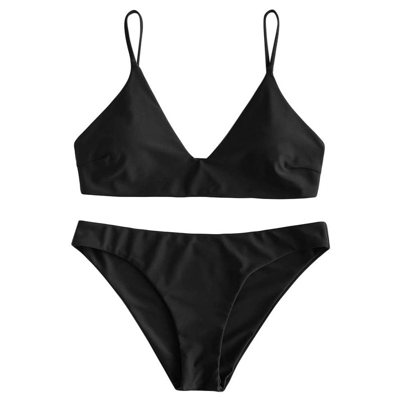 ZAFUL Women's Solid Spaghetti Strap Bralette Bikini Set Two Piece Swimsuit (1-Black, S) - Image 2